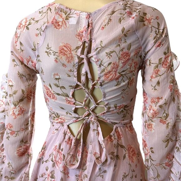 Divided Floral Bohemian Dress Medium M Baby Pink Back-Laced Lined Layered Ruffle - Picture 5 of 12